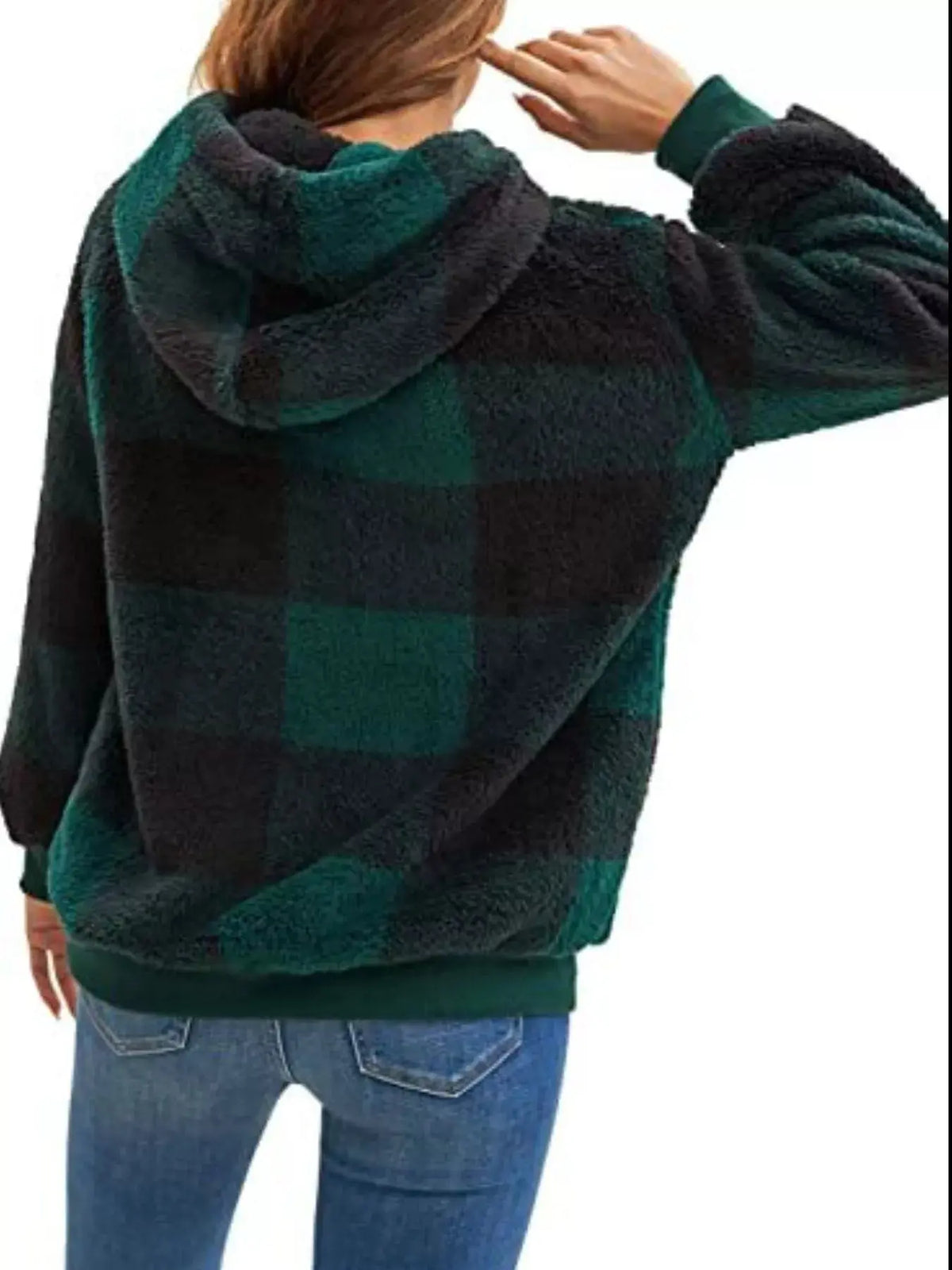 Full Size Plaid Sherpa Drawstring Hoodie Plus Size 11