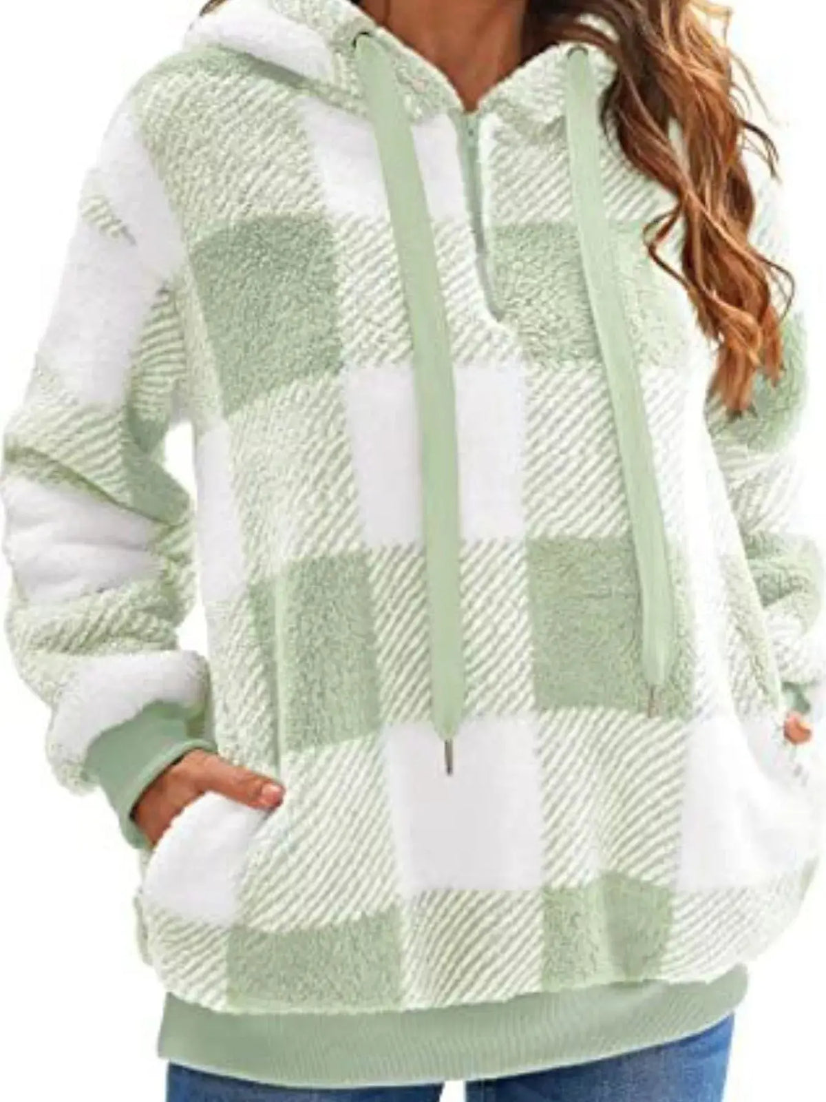 Full Size Plaid Sherpa Drawstring Hoodie Plus Size 13