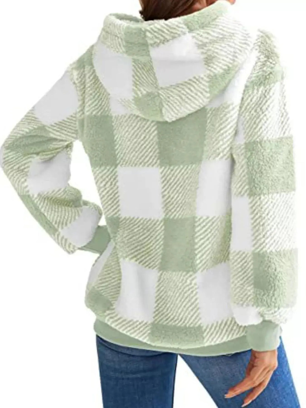 Full Size Plaid Sherpa Drawstring Hoodie Plus Size 14