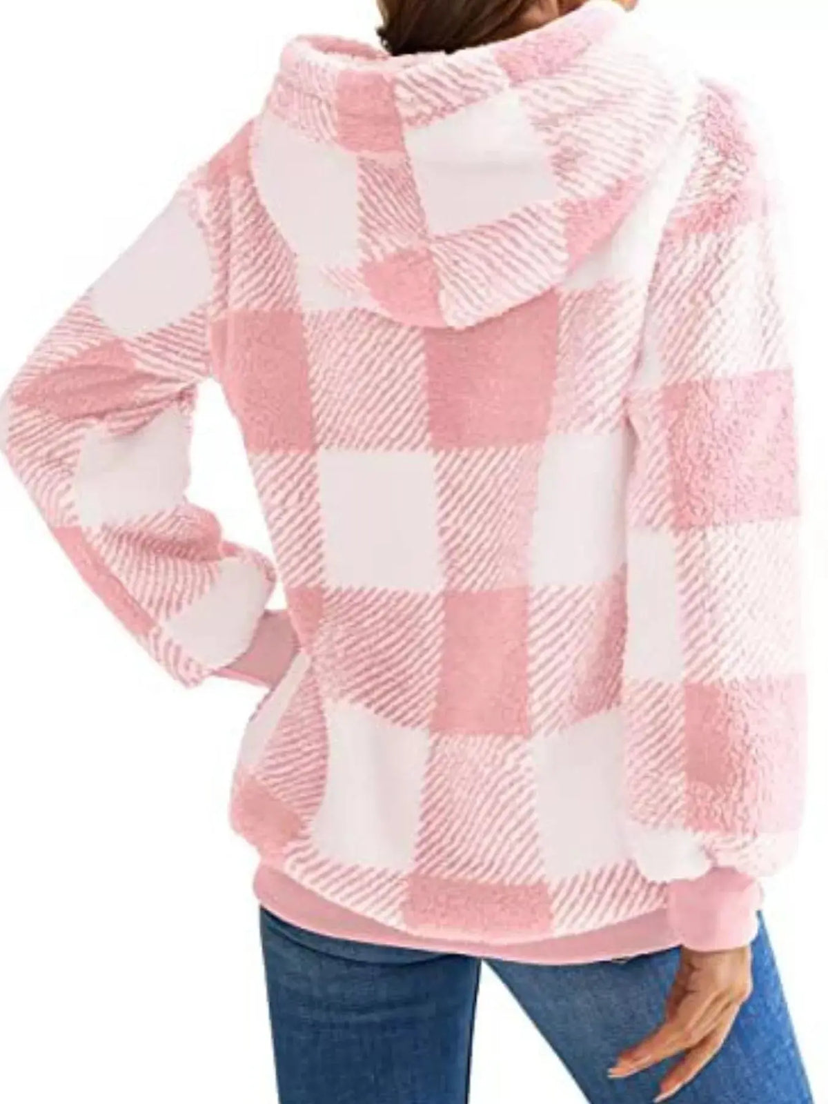 Full Size Plaid Sherpa Drawstring Hoodie Plus Size 17