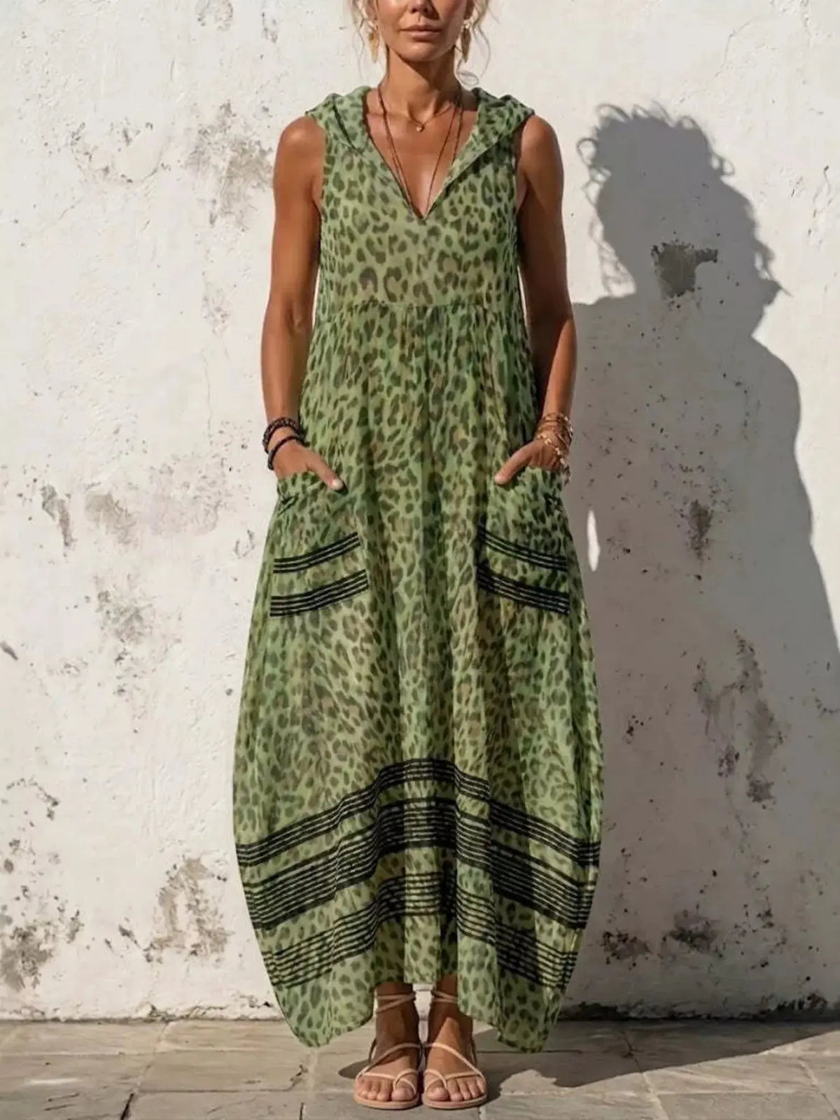 Full Size Sleeveless Hooded Leopard Print Maxi Dress 2