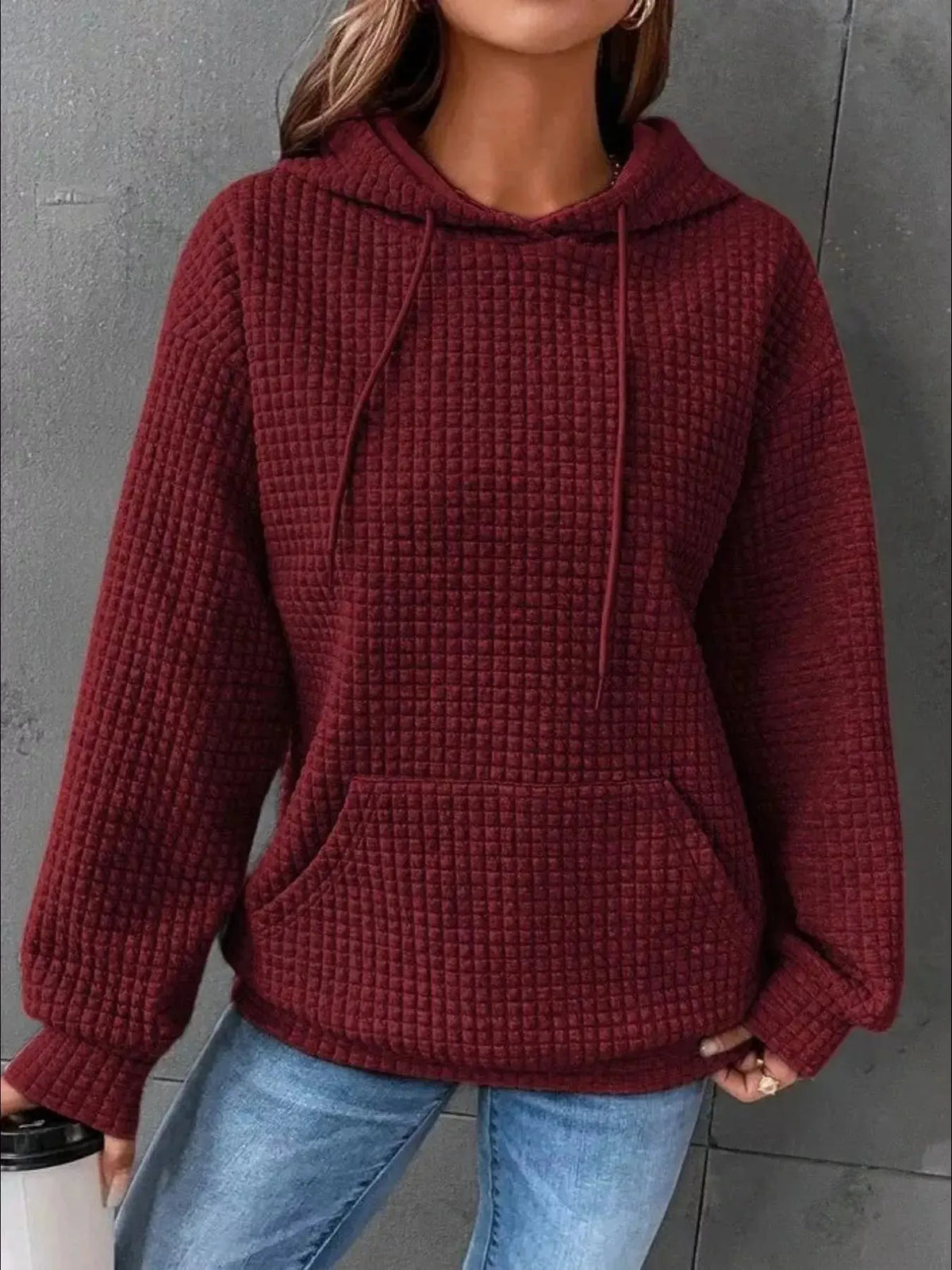Full Size Textured Kangaroo Pocket Hoodie 04