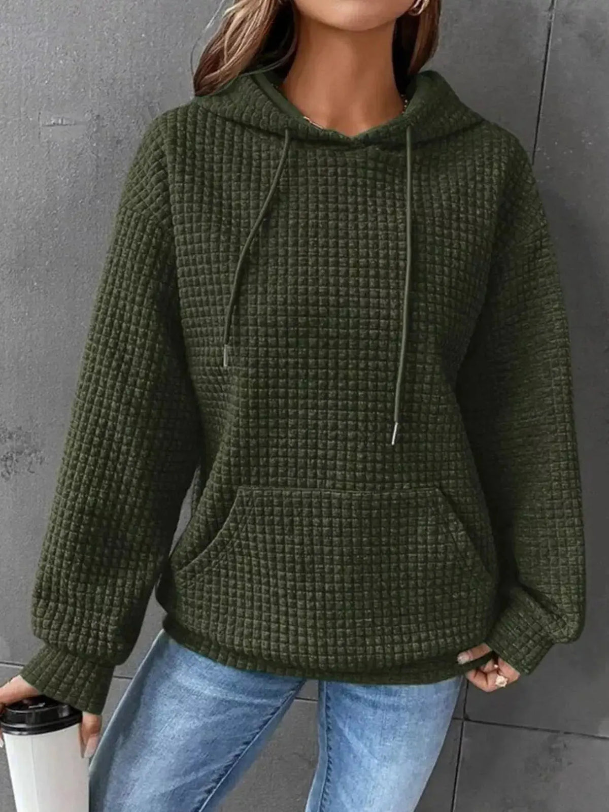 Full Size Textured Kangaroo Pocket Hoodie 06