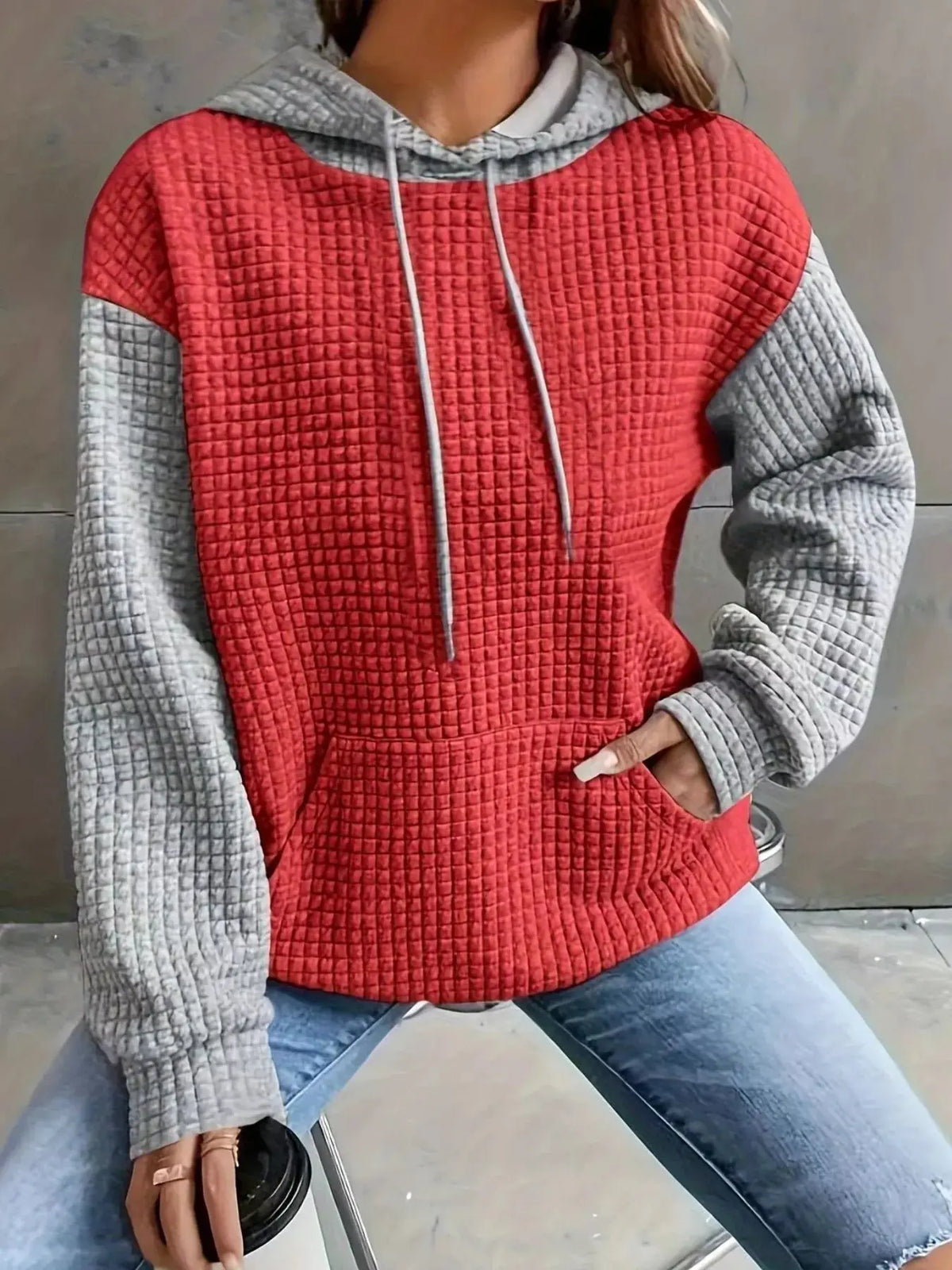Full Size Textured Kangaroo Pocket Hoodie 002