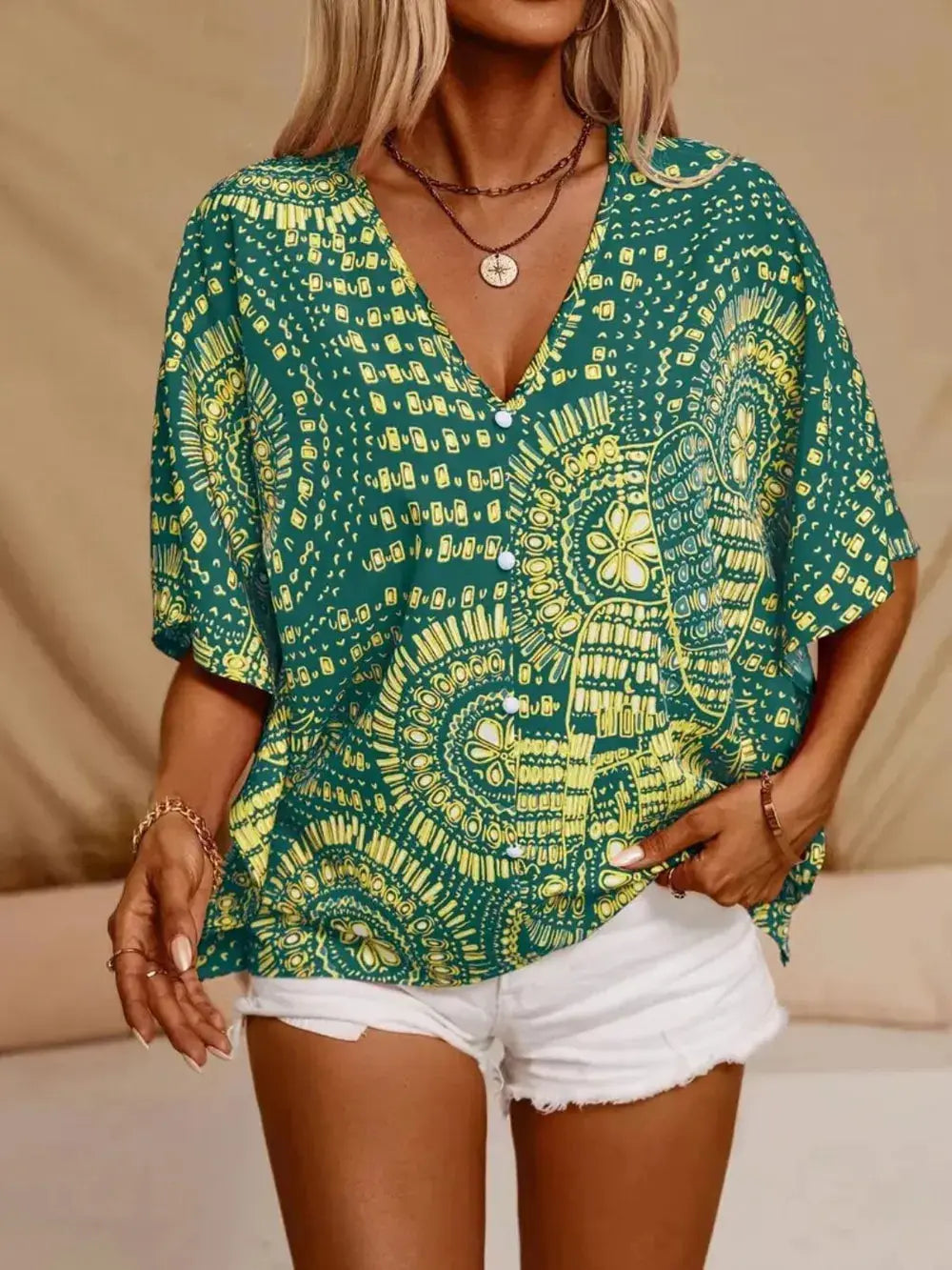 Printed V-Neck Half Sleeve Top 01