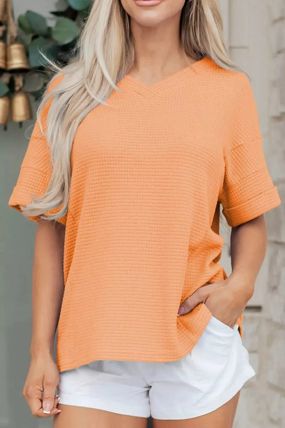 Waffle Knit V-Neck T-Shirt 13