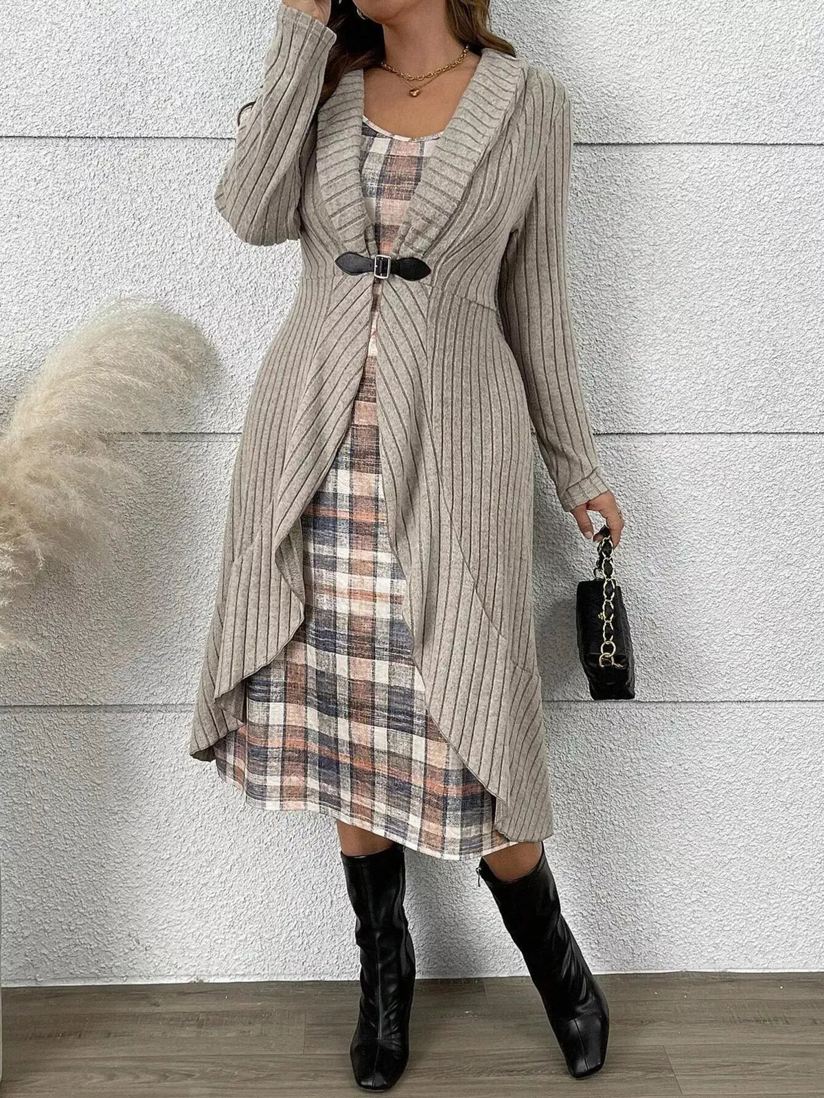 Full Size Plaid Dress & Ribbed Knit Cardigan Set Plus Size Features:RuffledNumber of pieces:Two-pieceStretch:Slightly stretchyMaterial composition:100% polyesterCare instructions:Machine wash cold. Tumble dry low.Imported Product Measurements (Measurements by inches) & Size Conversion