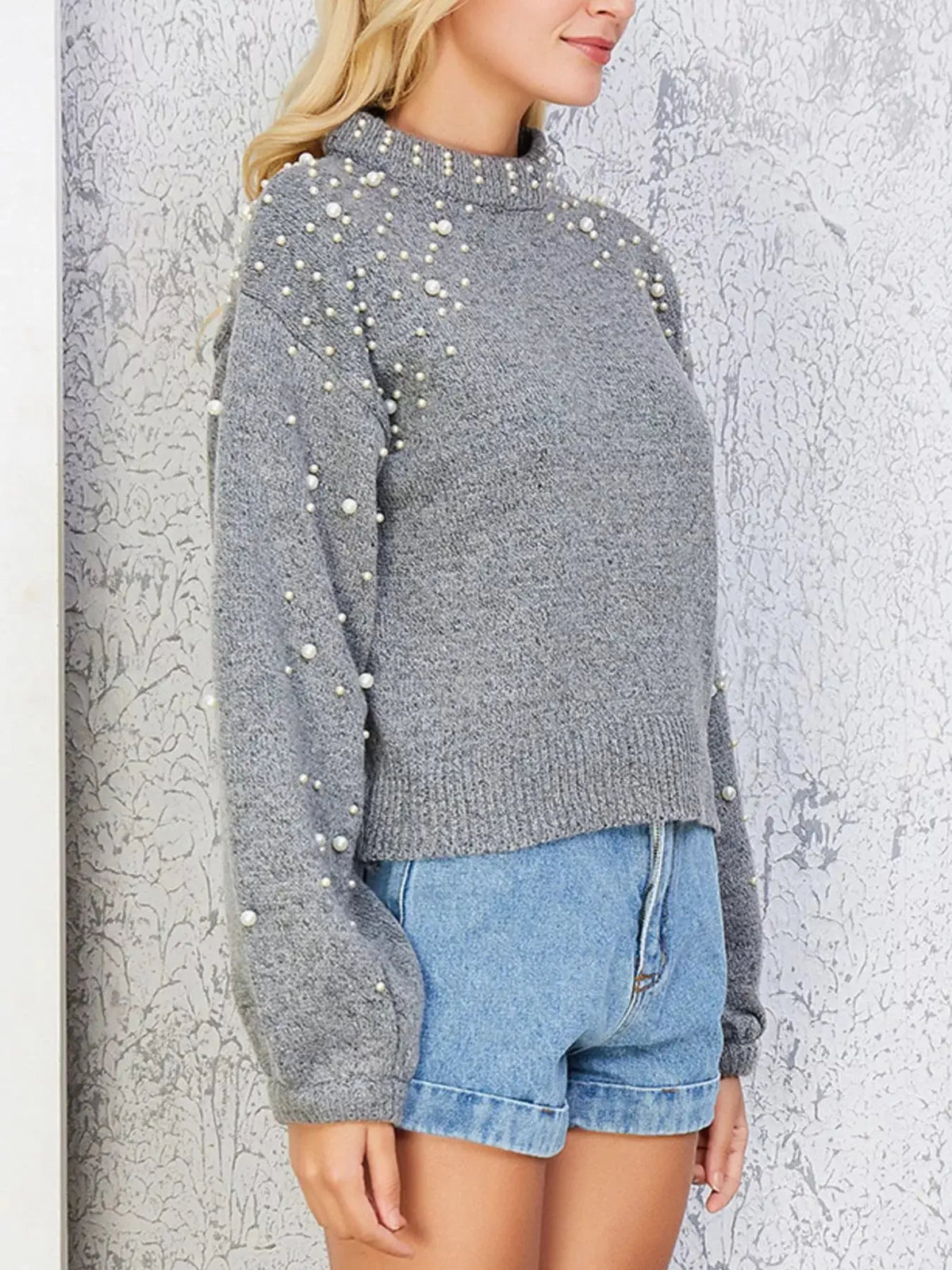Mock Neck Sweater Pearl-Embellished 7