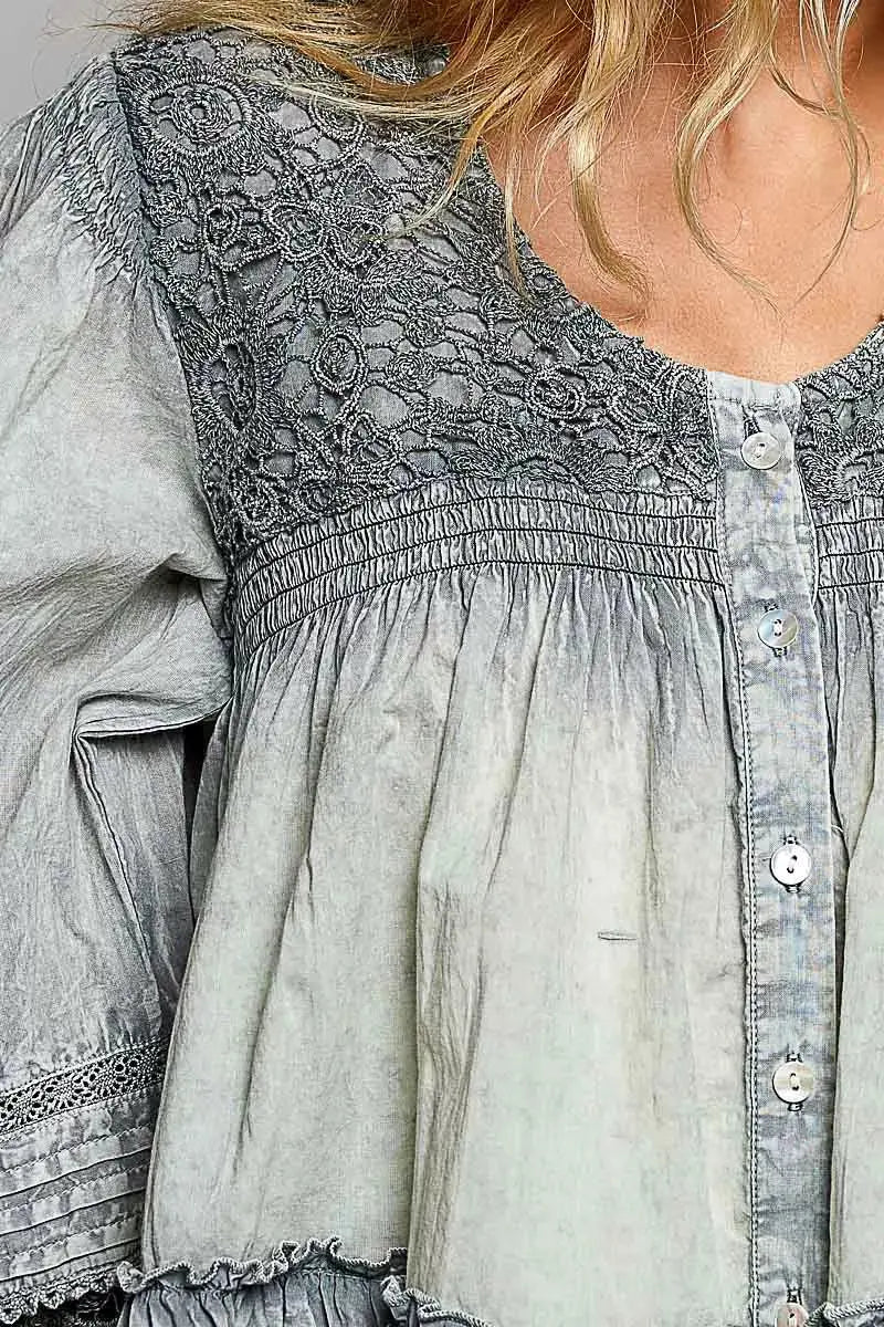 POL Washed Layered Lace Pintuck Flared Woven Blouse 5