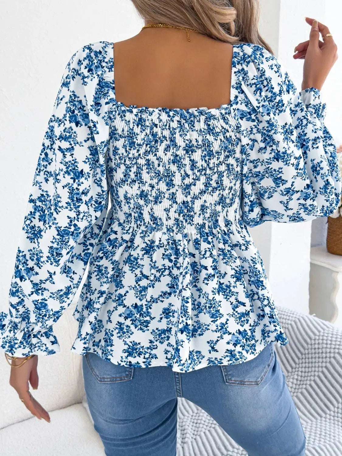 Floral Square Neck Flounce Sleeve Blouse 1