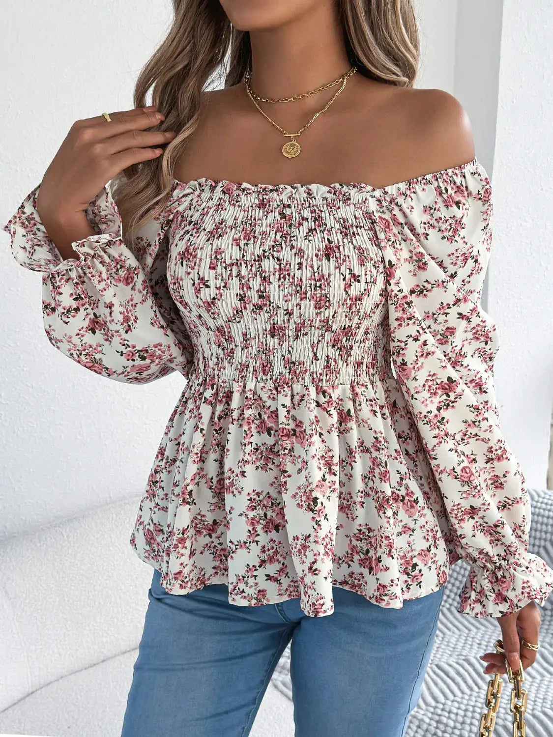 Floral Square Neck Flounce Sleeve Blouse 06