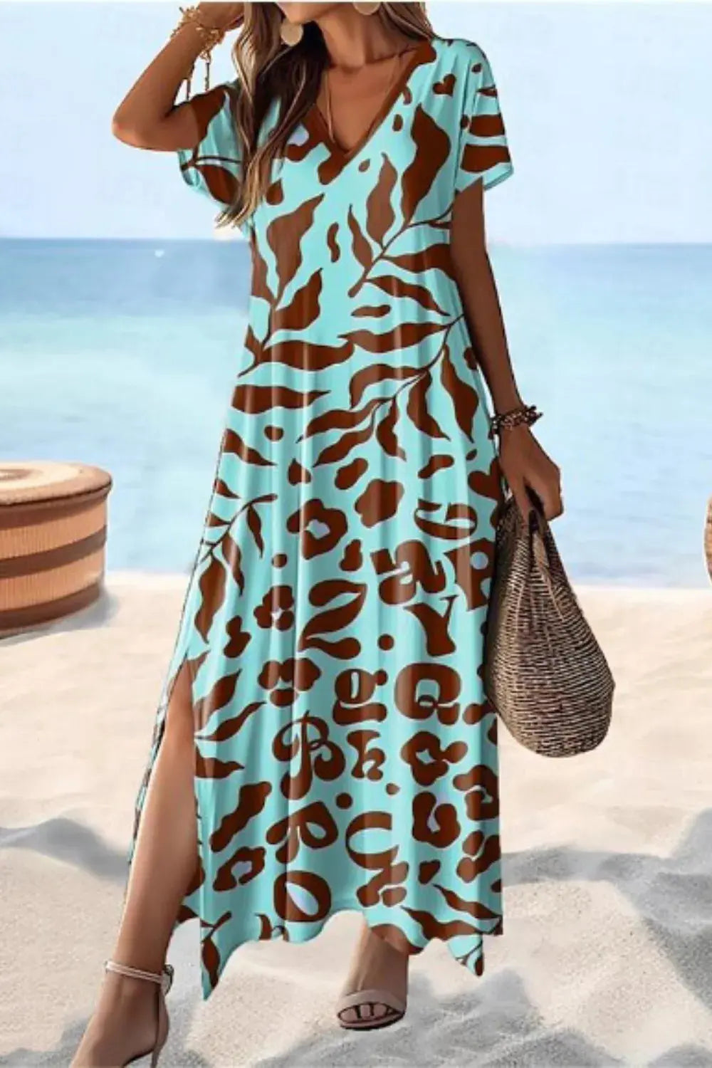 Full Size V-Neck Short Sleeve Printed Slit Tee Dress Plus