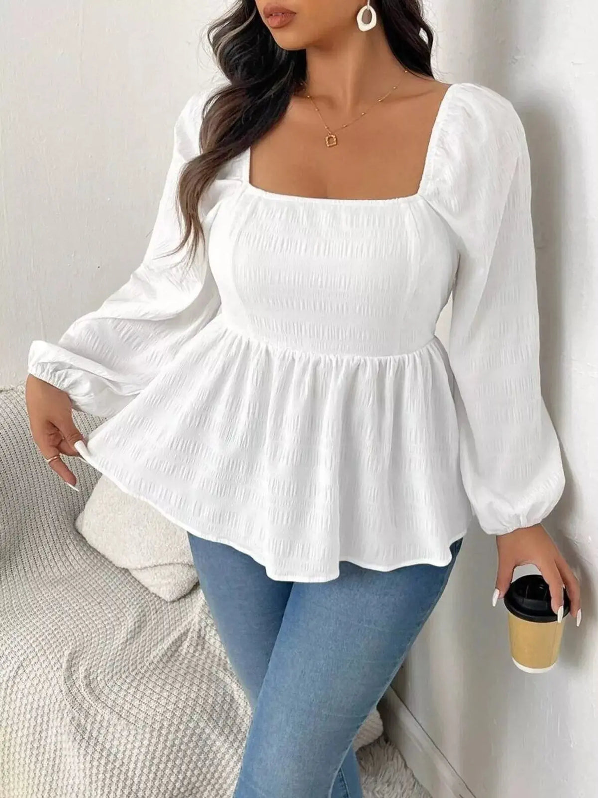 Plus Size Square Neck Long Sleeve Peplum Blouse