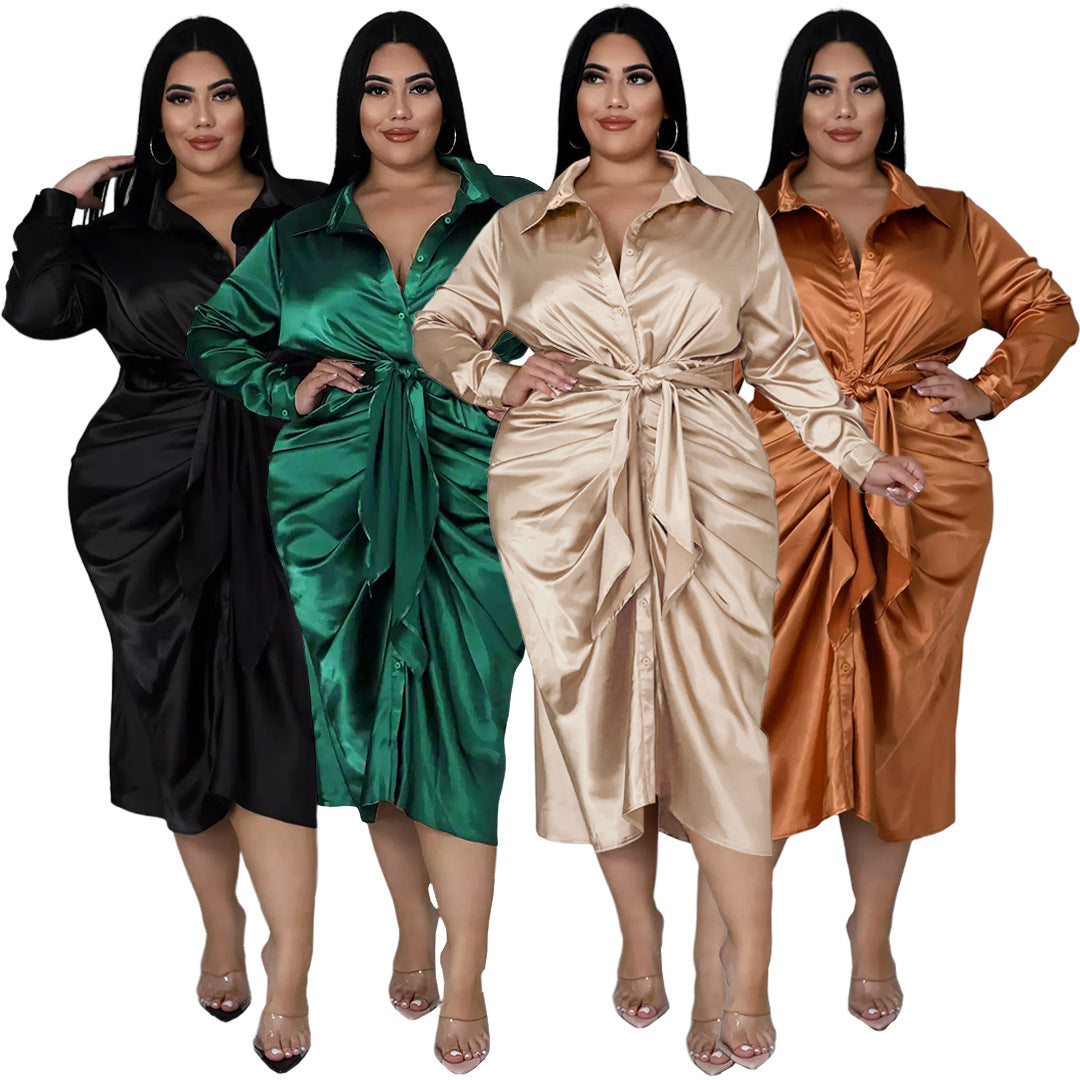 Plus Size Women's Nightclub Wear Reflective Silk Pleated Tie Shirt Dress