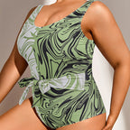 Printed Tie-Up Bikini One-Piece Swimsuit for Plus Size Women