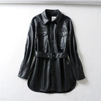 Women's high waist lace-up PU coat