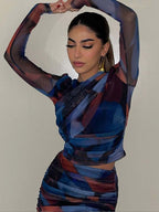 Women 2 Pieces Sets Fashion Silk Net Print Blouse Tops + High Waist Pleat Midi Skirt Set Womens Outfits