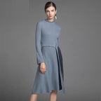 Elegant Lady Midi Dress Patchwork Striped Blue Flare Long Sleeve Office Lady Robe Dresses Autumn Winter Plus Size