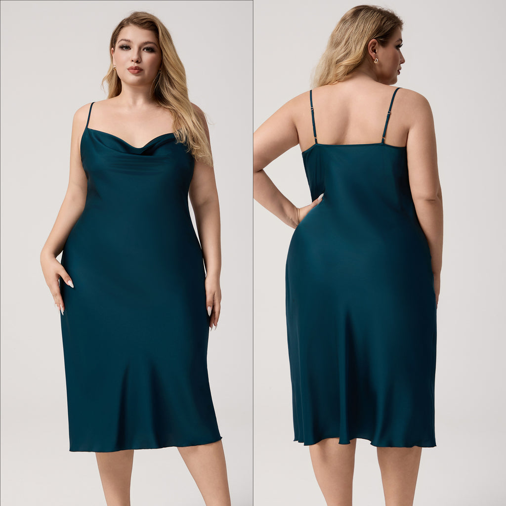 Yao Ting Plus Size Satin Nightdress for Women Summer One-Piece Plunge Neck Strap Loose Loungewear Sleepwear