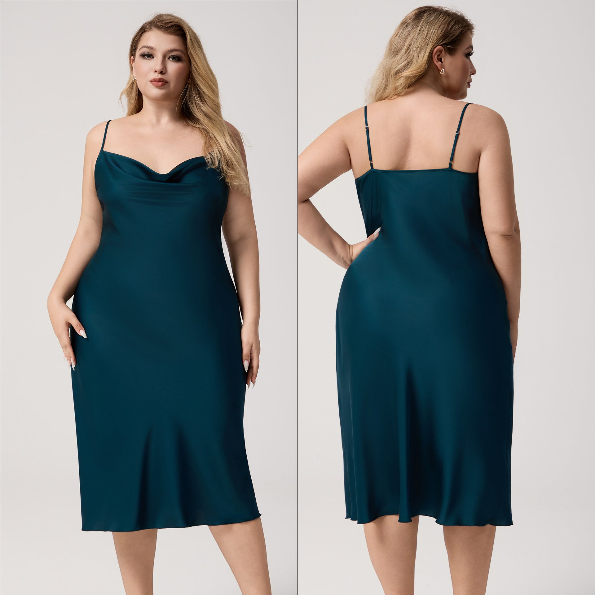 Yao Ting Plus Size Satin Nightdress for Women Summer One-Piece Plunge Neck Strap Loose Loungewear Sleepwear