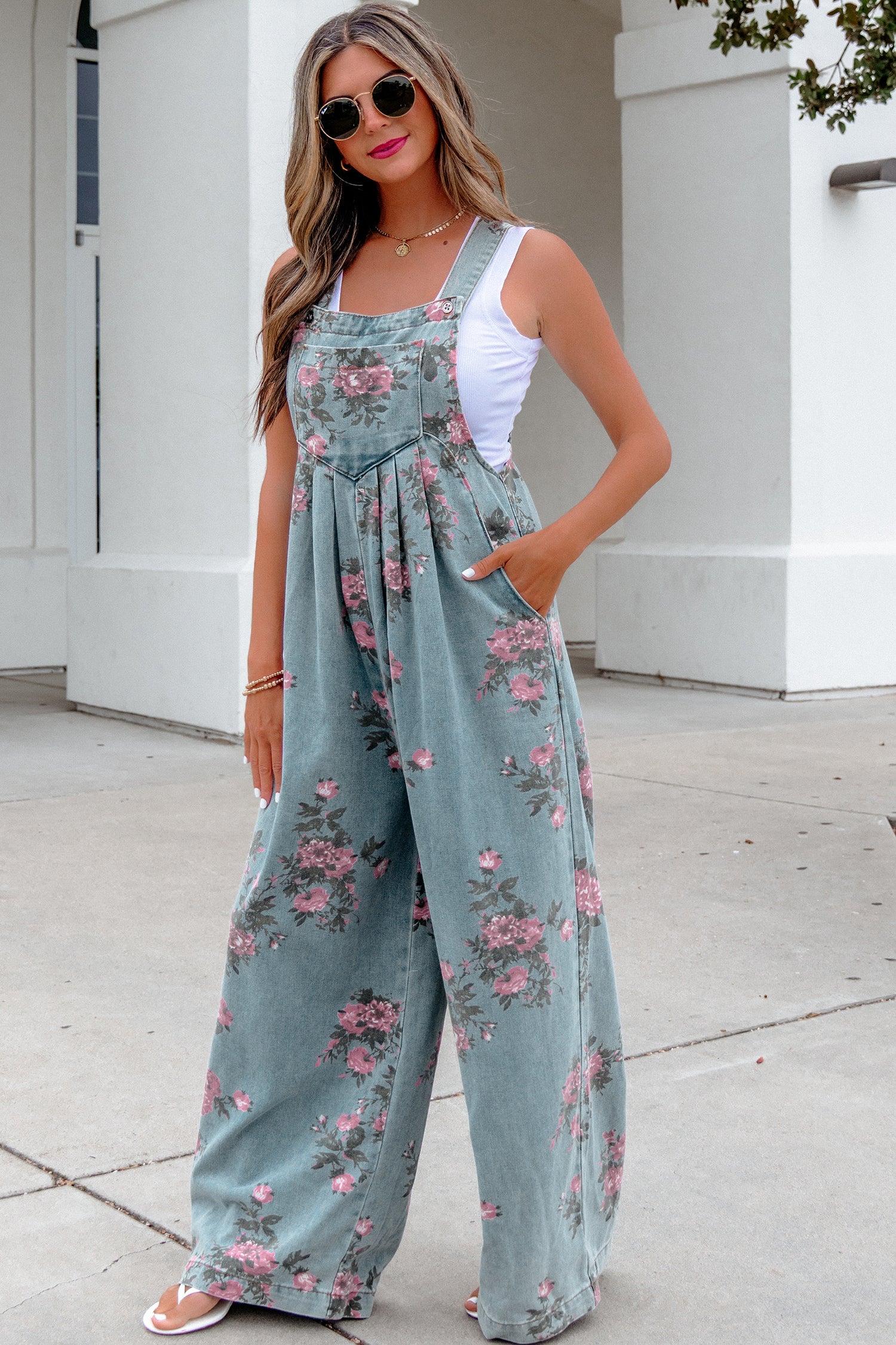 Floral Denim Jumpsuit with High Waist & Wide Leg — Vintage Vibes