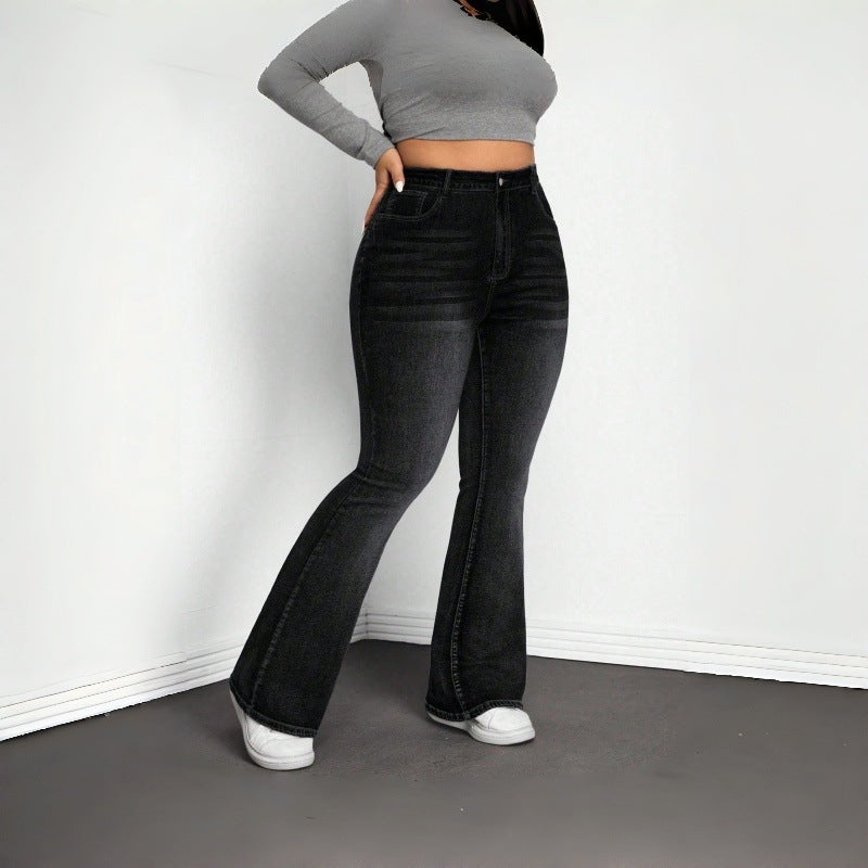 Elastic Plus Size Women's Black and Gray Denim Flared Jeans