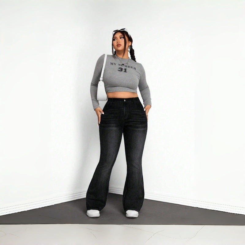 Elastic Plus Size Women's Black and Gray Denim Flared Jeans