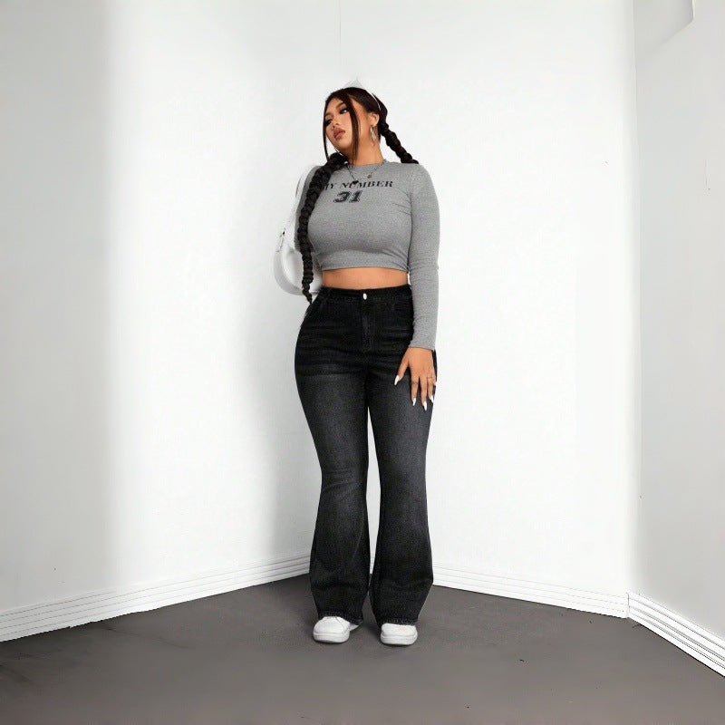 Elastic Plus Size Women's Black and Gray Denim Flared Jeans
