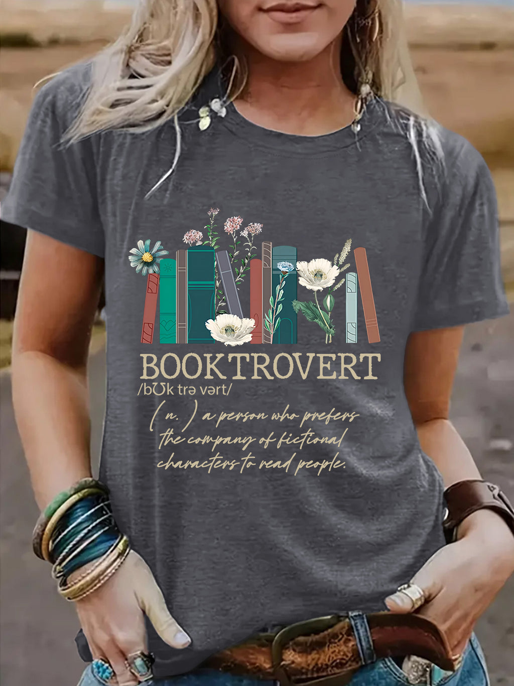 New book printed round neck loose short sleeved shirt