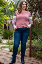 Pink Candy Striping Sleeve Plus Size Top