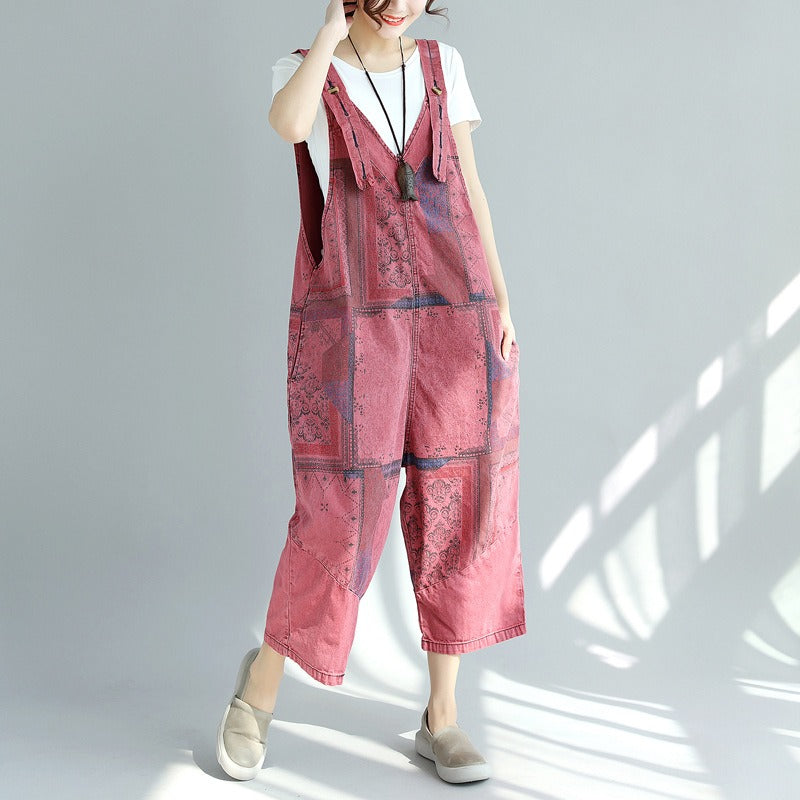 Printed old washed large crotch pants nine points women plus size stitching denim overalls