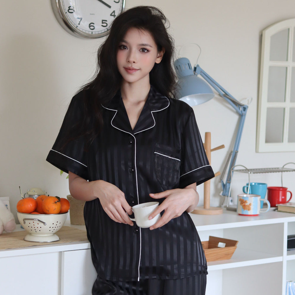 Striped Ice Silk Sleepwear for Women, Summer Short Sleeve Long Pants, High-End Lady's Home Wear, Suitable for Outer Wear