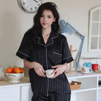 Striped Ice Silk Sleepwear for Women, Summer Short Sleeve Long Pants, High-End Lady's Home Wear, Suitable for Outer Wear