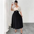 Plus Size Women's V-Neck Color-Blocking Dress Summer Short Sleeve Maxi Dress