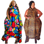 Plus Size Women Irregular Loose Dresses Turtleneck Summer Tank Maxi Long Dress Printed