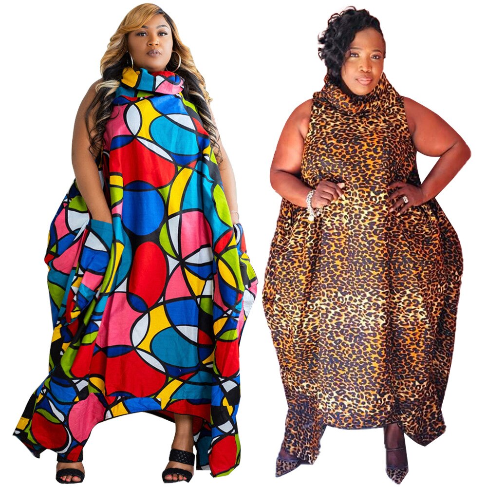 Plus Size Women Irregular Loose Dresses Turtleneck Summer Tank Maxi Long Dress Printed