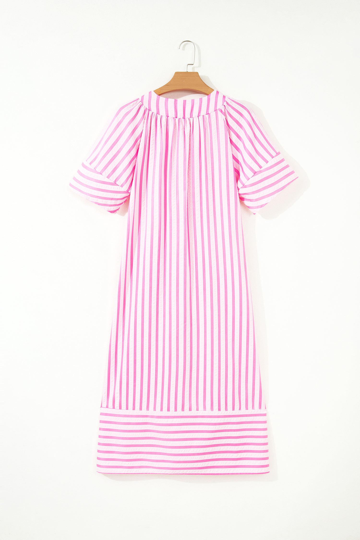 Pink Stripe V-Neck Long Dress — Flattering Shift Silhouette