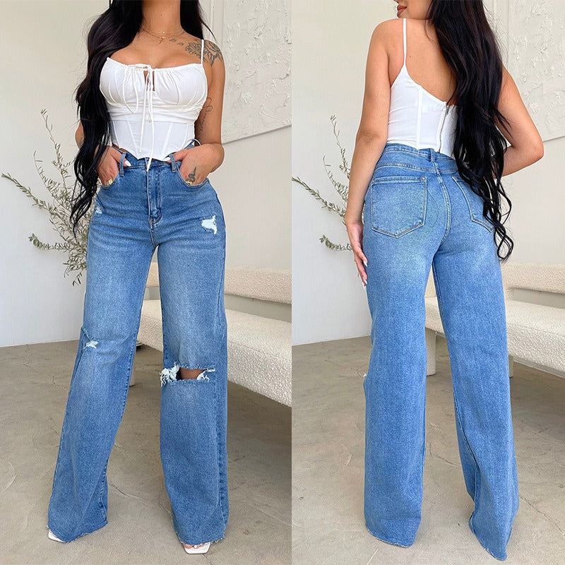 Women's Jeans Loose Casual High Waist Wide Leg Pants Fashion Street Ripped Plus Size Mom Denim Trousers  Ladies Pants