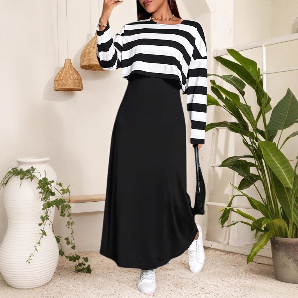 Elegant Long Dress Set with Striped Top and Dress for Women, Plus Size Fashion Two-Piece Outfit