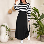 Elegant Long Dress Set with Striped Top and Dress for Women, Plus Size Fashion Two-Piece Outfit