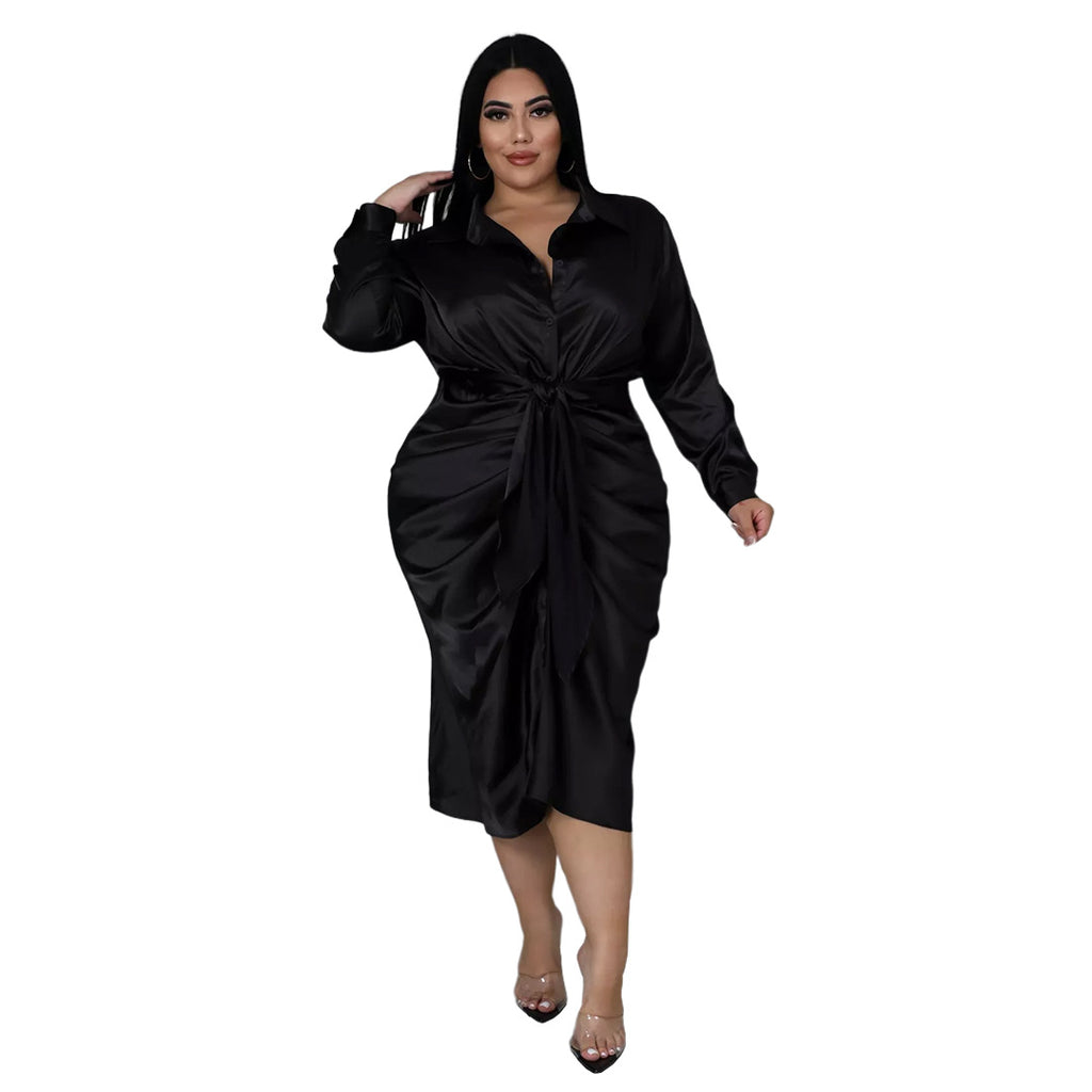 Plus Size Women's Nightclub Wear Reflective Silk Pleated Tie Shirt Dress