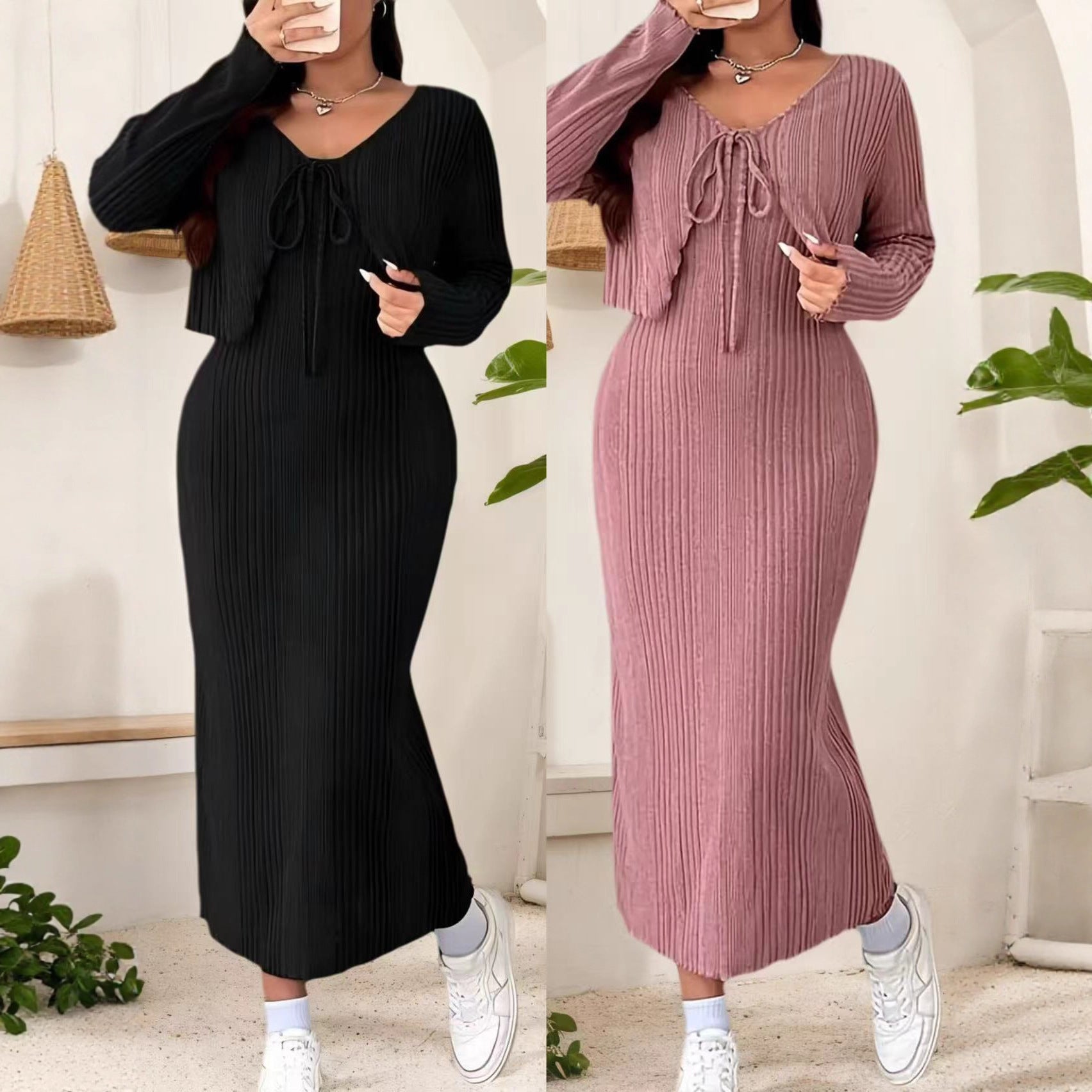 Style Solid Color Belted Two-Piece Set for Women Plus Size Long Sleeve Dress + Jacket
