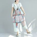 Printed old washed large crotch pants nine points women plus size stitching denim overalls