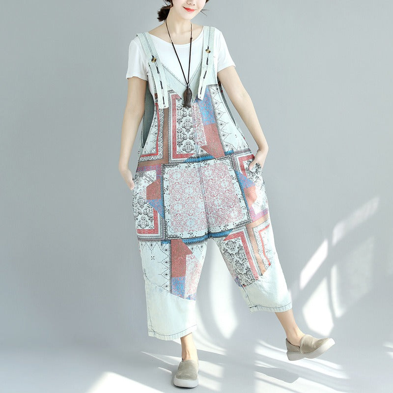 Printed old washed large crotch pants nine points women plus size stitching denim overalls