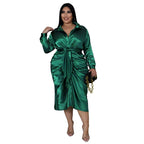 Plus Size Women's Nightclub Wear Reflective Silk Pleated Tie Shirt Dress