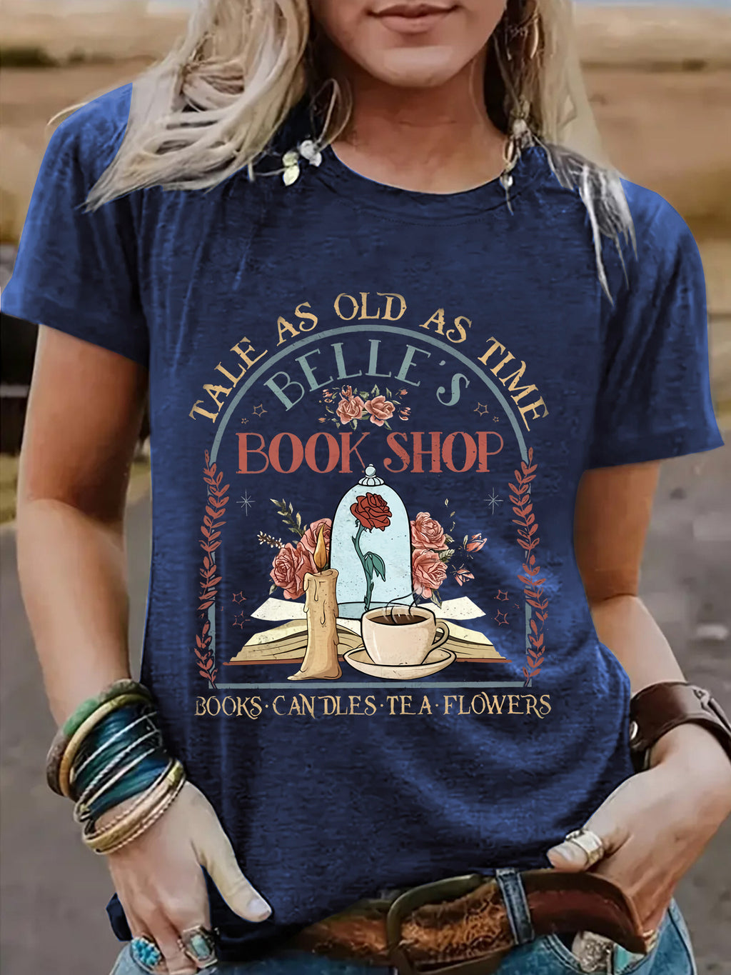 BOOK SHOP Printed New Round Neck Loose Short Sleeve