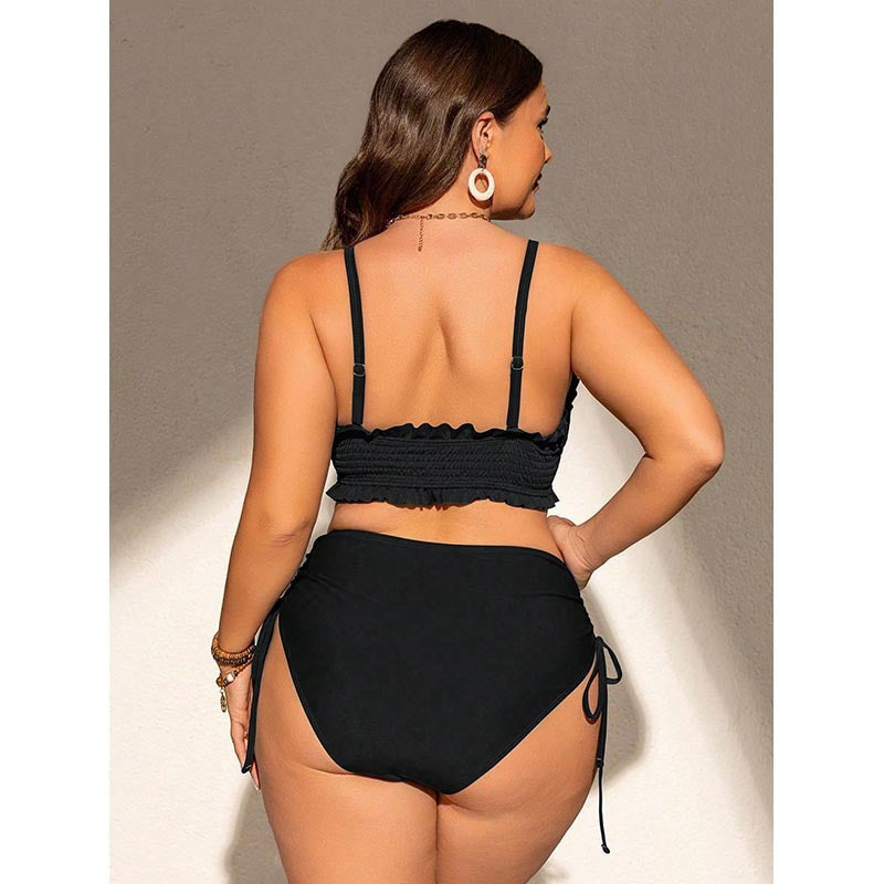 Solid color camisole gathers plus size swimsuit