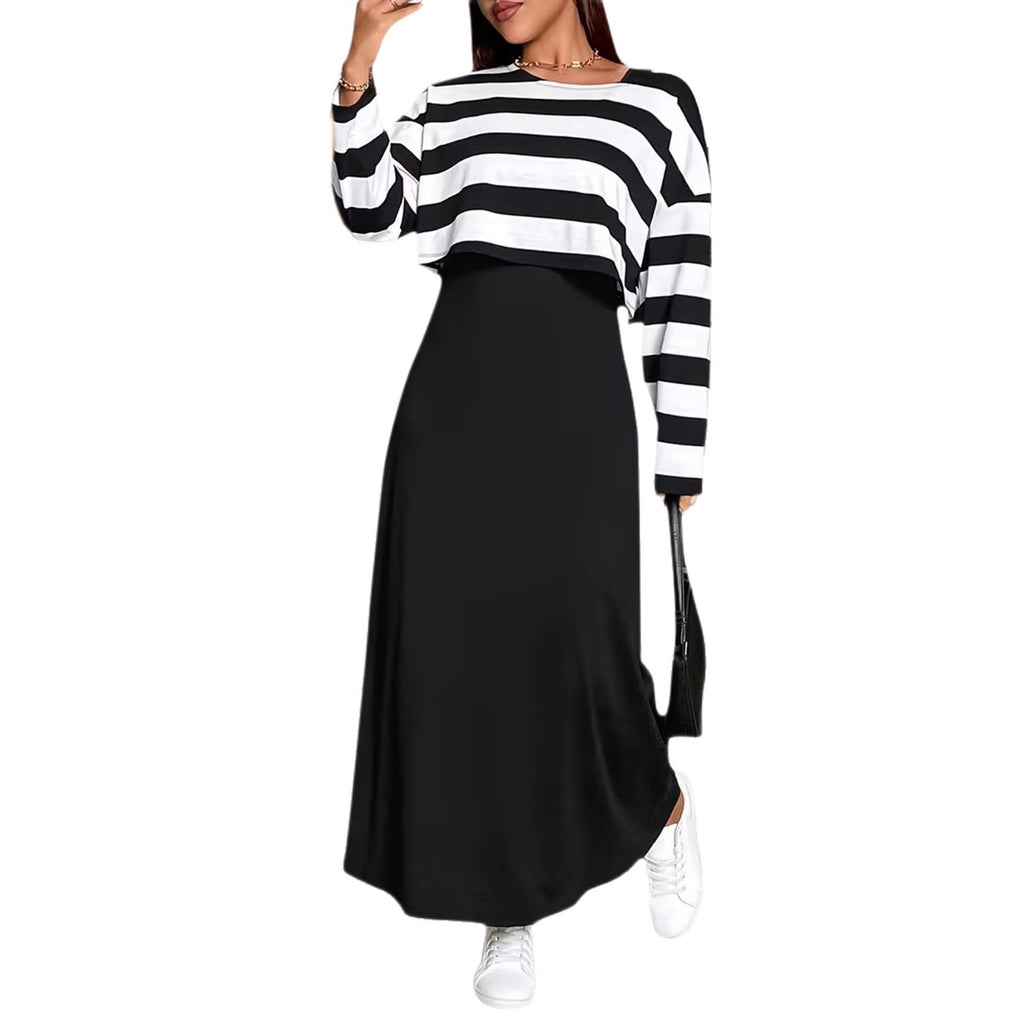 Elegant Long Dress Set with Striped Top and Dress for Women, Plus Size Fashion Two-Piece Outfit