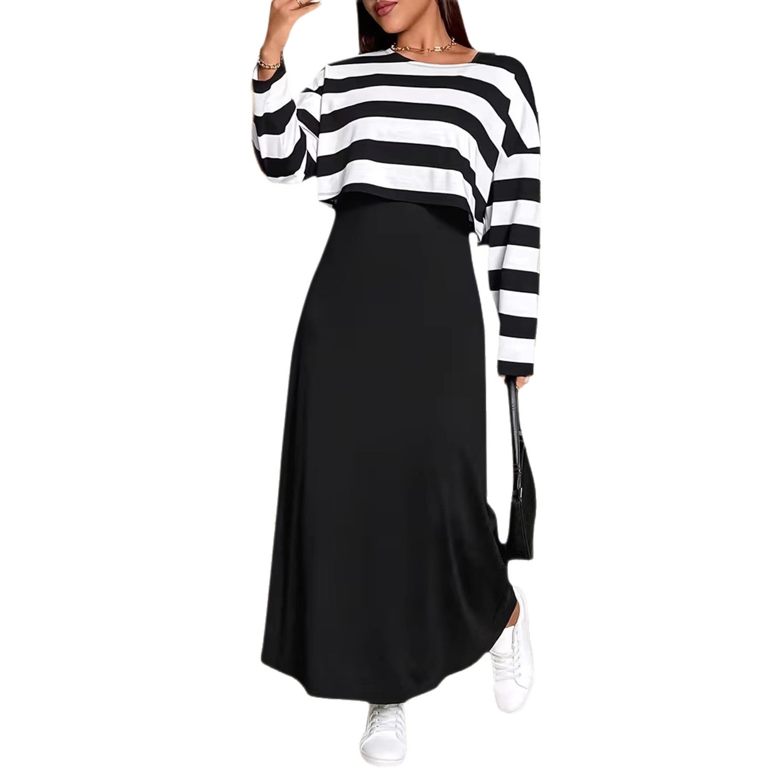 Elegant Long Dress Set with Striped Top and Dress for Women, Plus Size Fashion Two-Piece Outfit