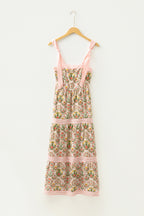 Pink Geometric Floral Print Striped Patchwork Detail Sleeveless Dress（Runs Small ）